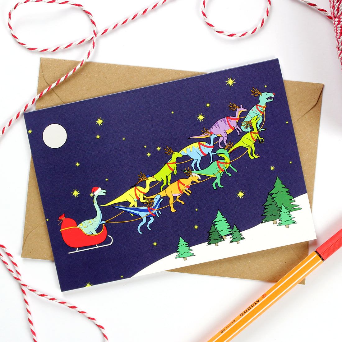Santa's Sleigh Dinosaurs Christmas Greeting Card