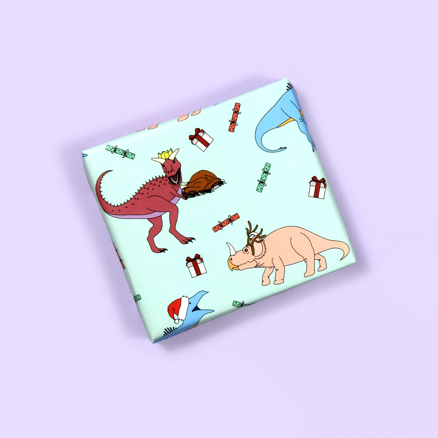 a small box wrapped in Christmas dinner Dinosaur Wrapping Paper