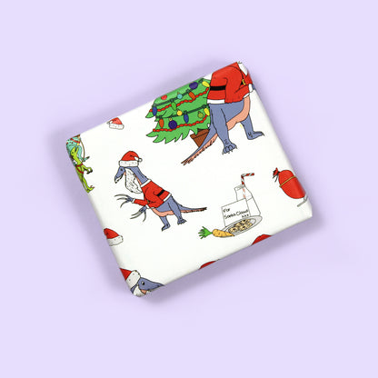 a small box wrapped in Santa Claws Christmas Dinosaur Wrapping Paper