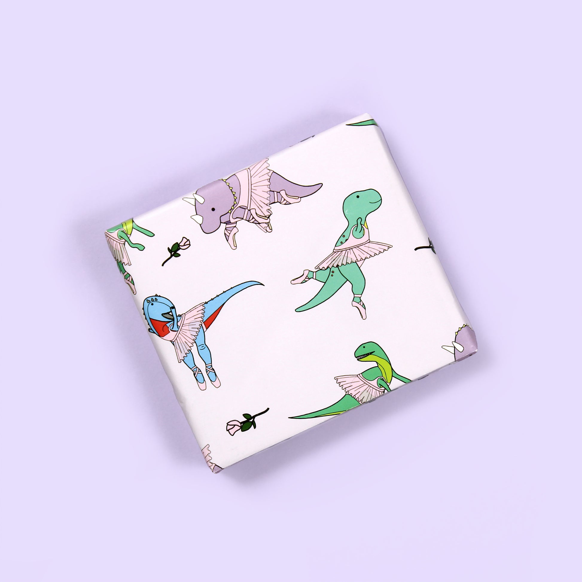 a small box wrapped in ballet Dinosaur Wrapping Paper