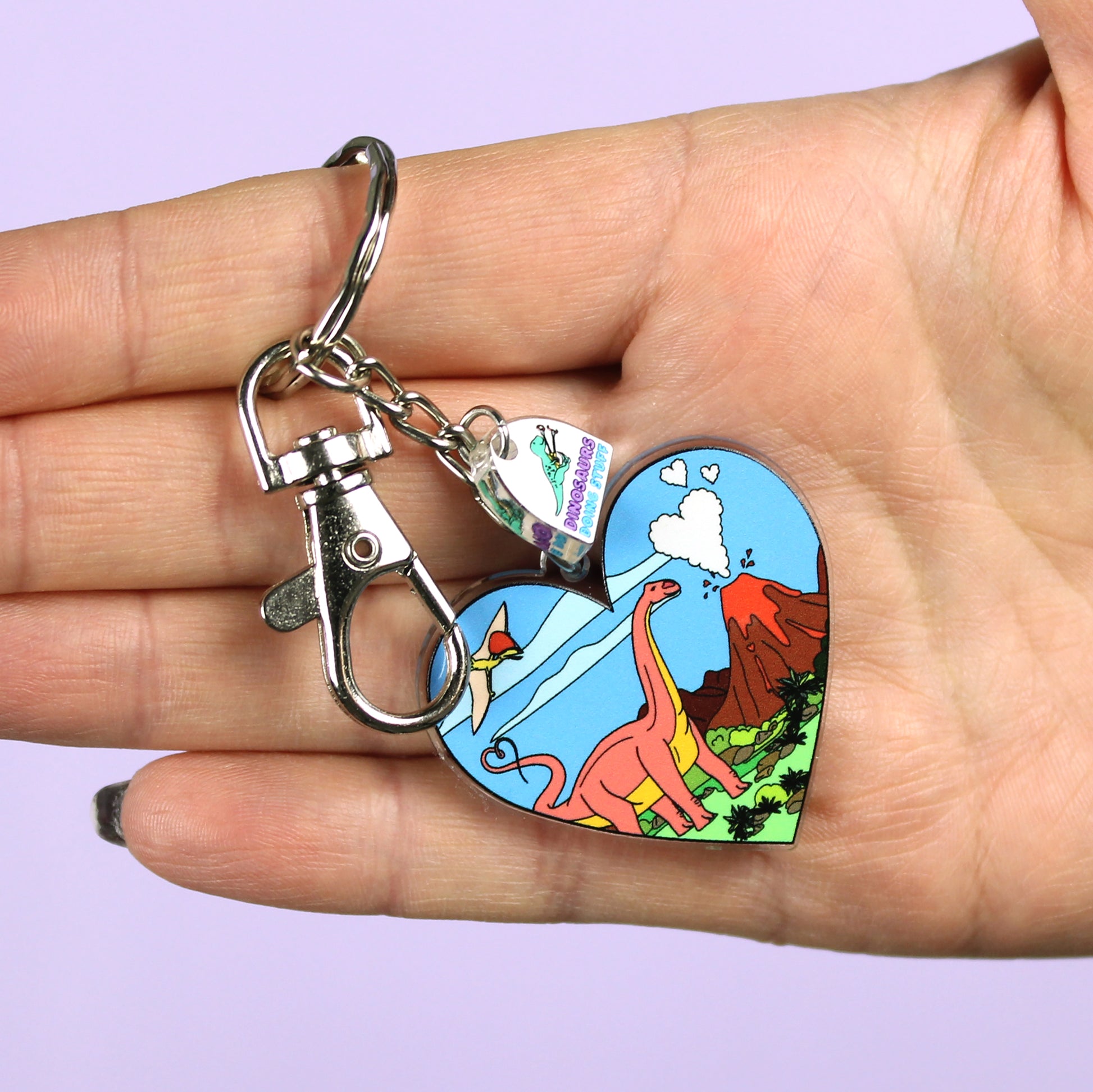 Heart Dinosaur Keyring on a hand