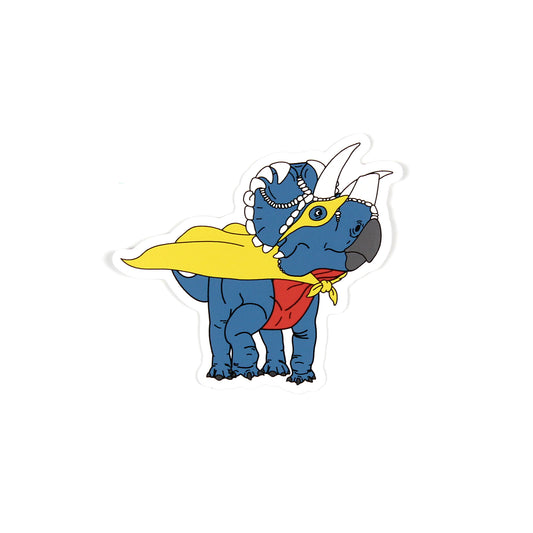 Superhero dinosaur sticker on a white background