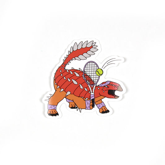 Tennis dinosaur sticker on a white background