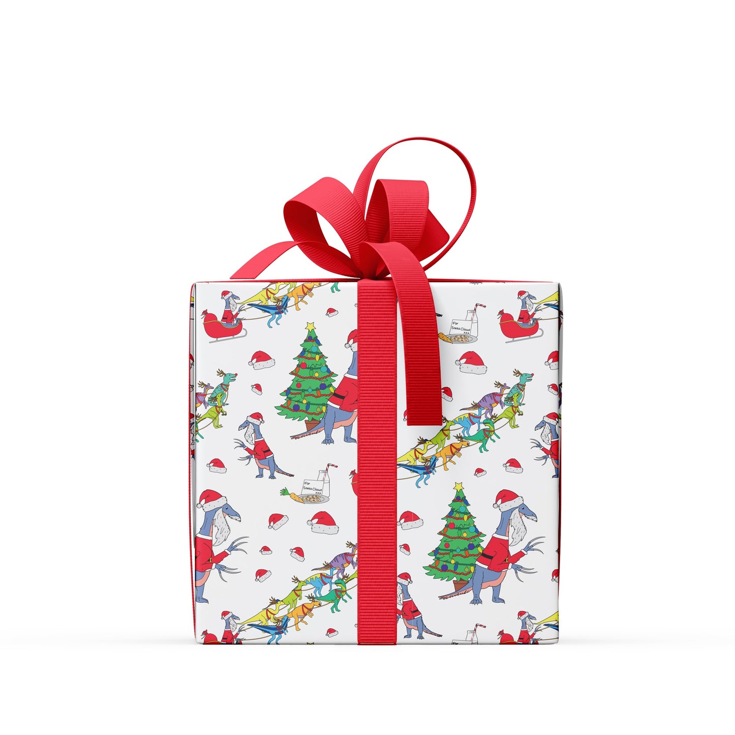 box covered in Santa Claws dinosaur wrapping paper with a red bow