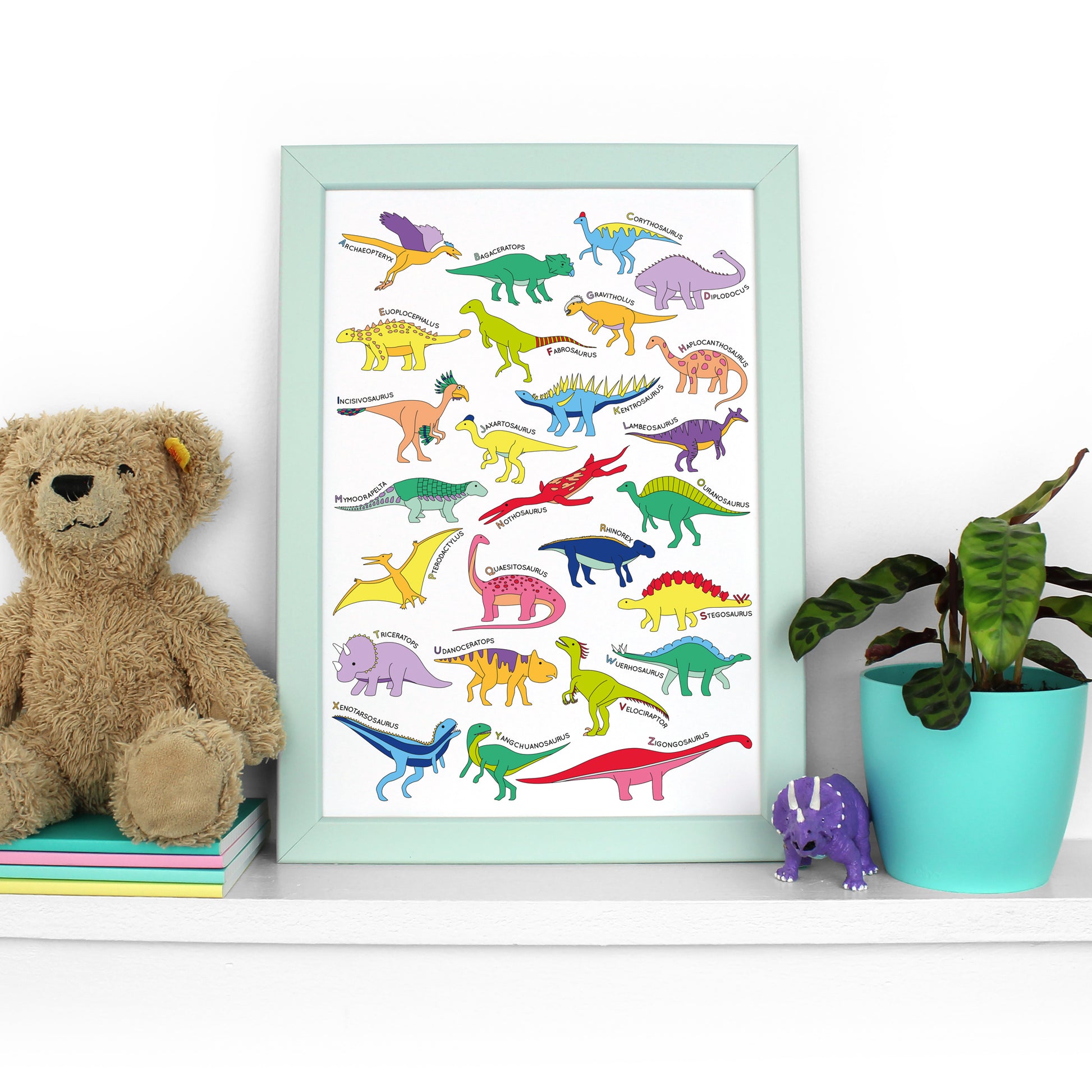 Dinosaur Alphabet Poster Print in a mint frame