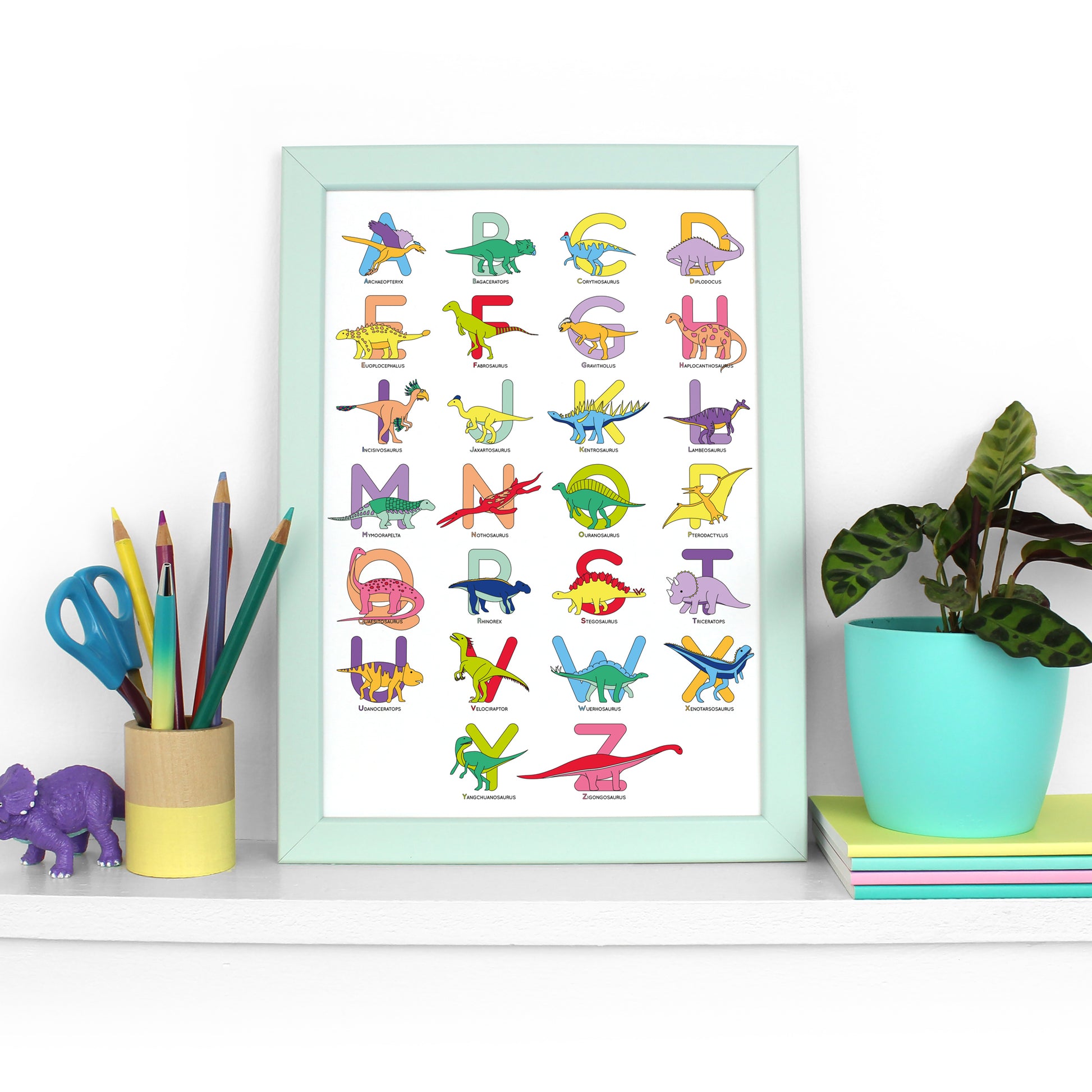 Large Letter Dinosaur Alphabet Poster Print in a mint frame