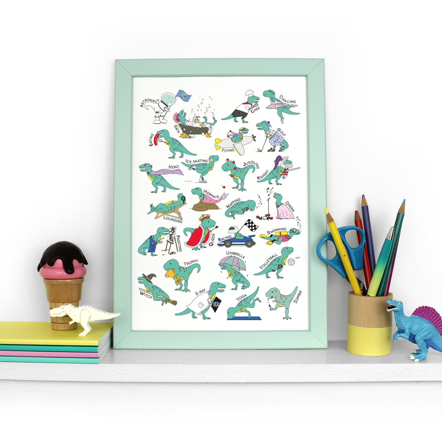T-Rex Doing Stuff Alphabet Poster Print in a mint frame