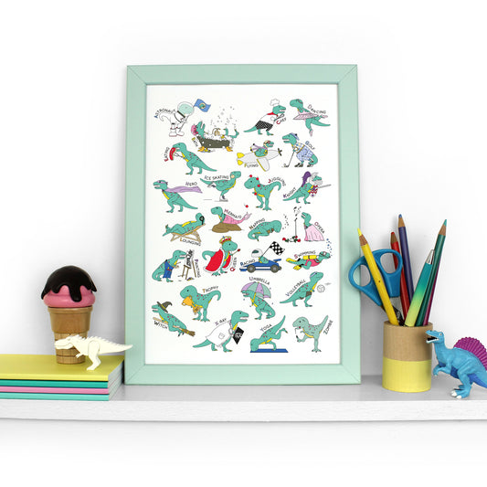 T-Rex Doing Stuff Alphabet Poster Print in a mint frame