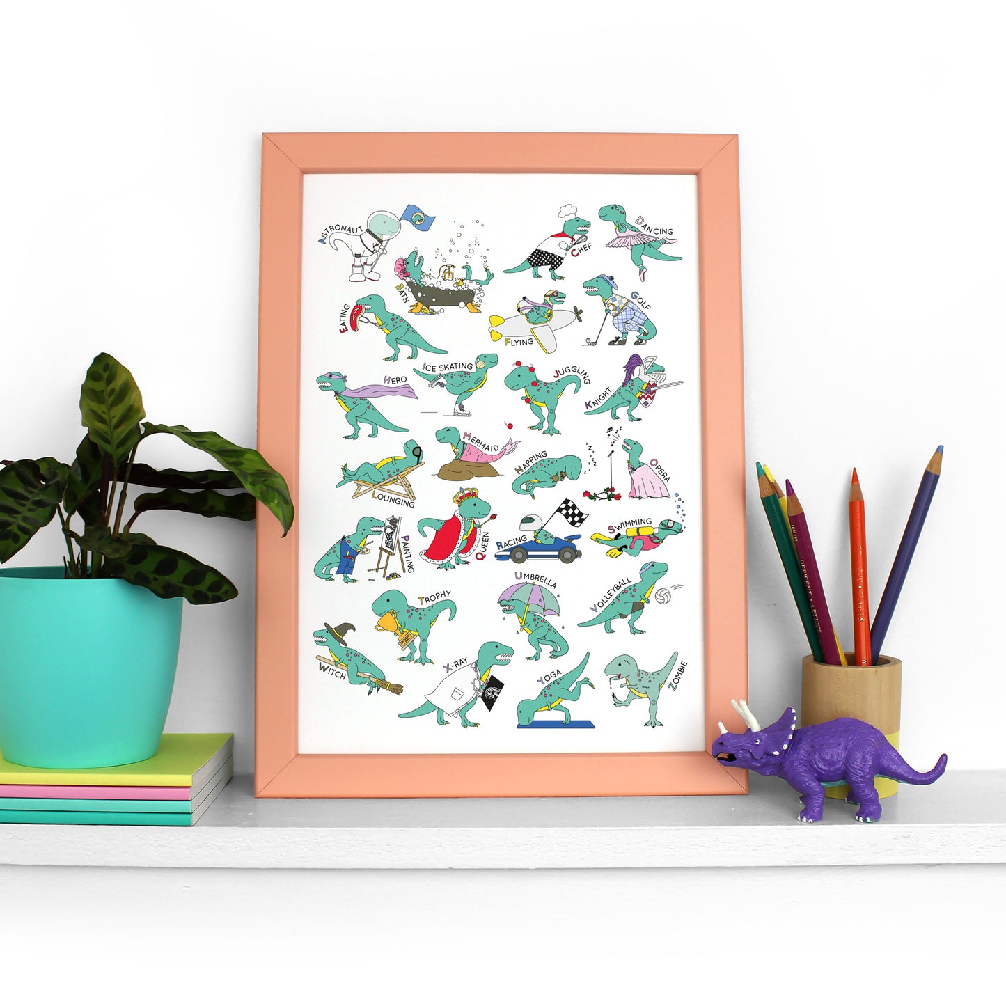 T-Rex Doing Stuff Alphabet Poster Print in a peach frame