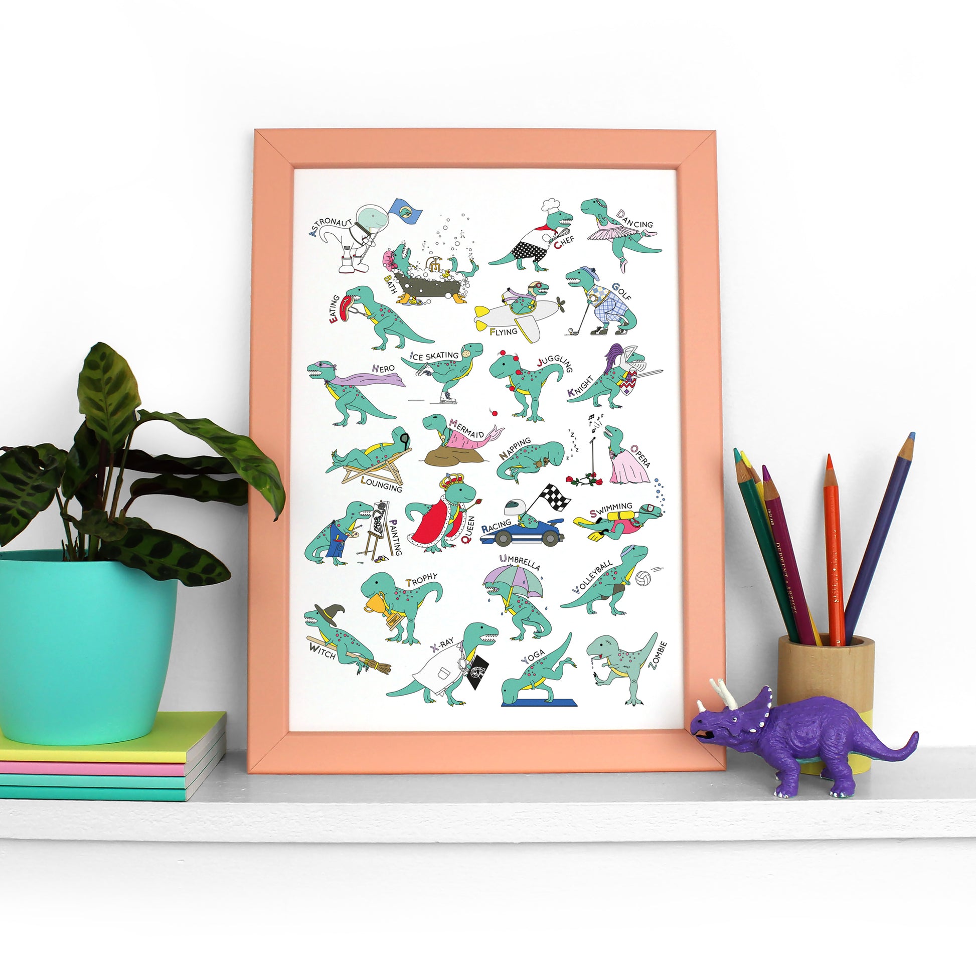 T-Rex Doing Stuff Alphabet Poster Print in a peach frame