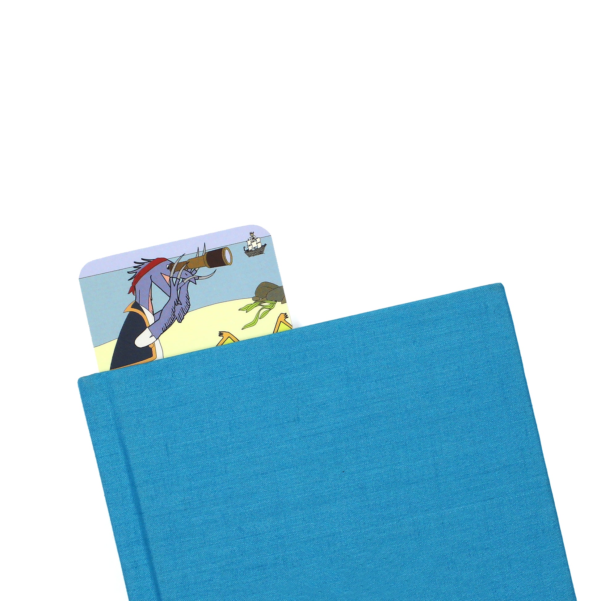 pirate bookmark coming out of a blue book