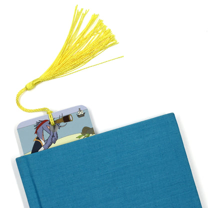 pirate bookmark with yellow tassel coming out of a blue book