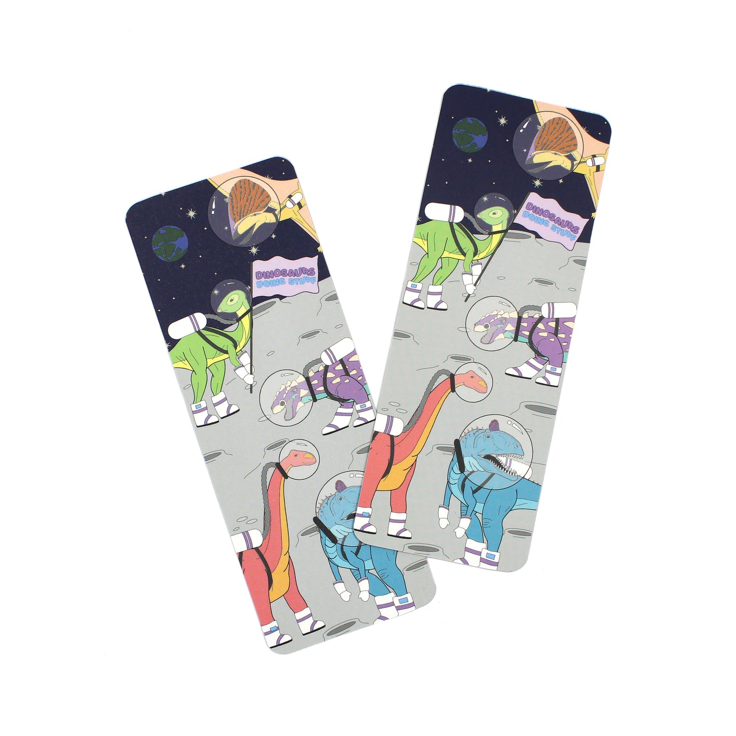 front and back of the space dinosaur bookmark