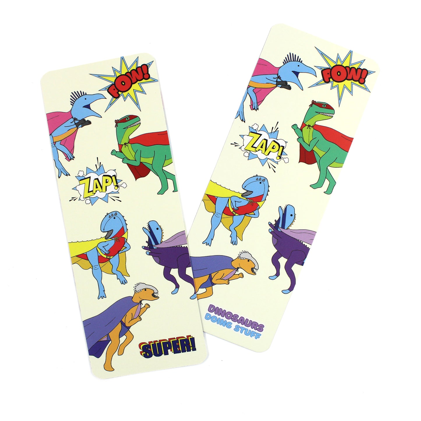 front and back of superhero dinosaur bookmark