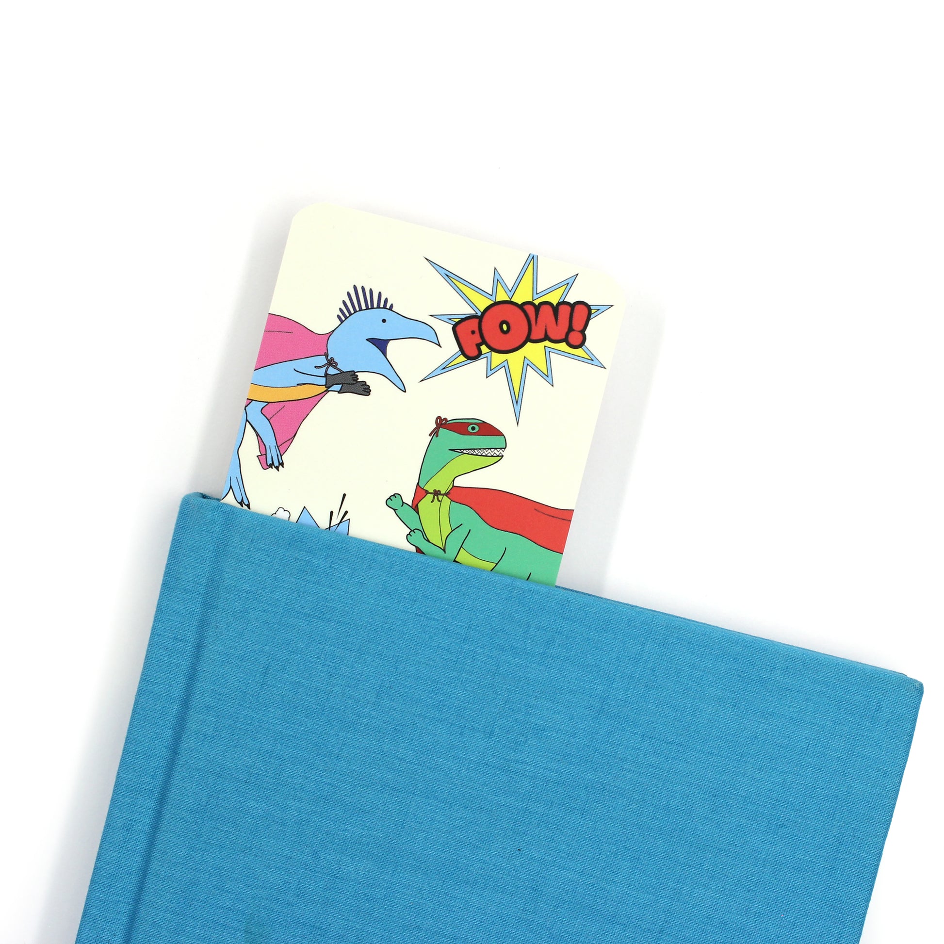 superhero dinosaur bookmark coming out of a blue book