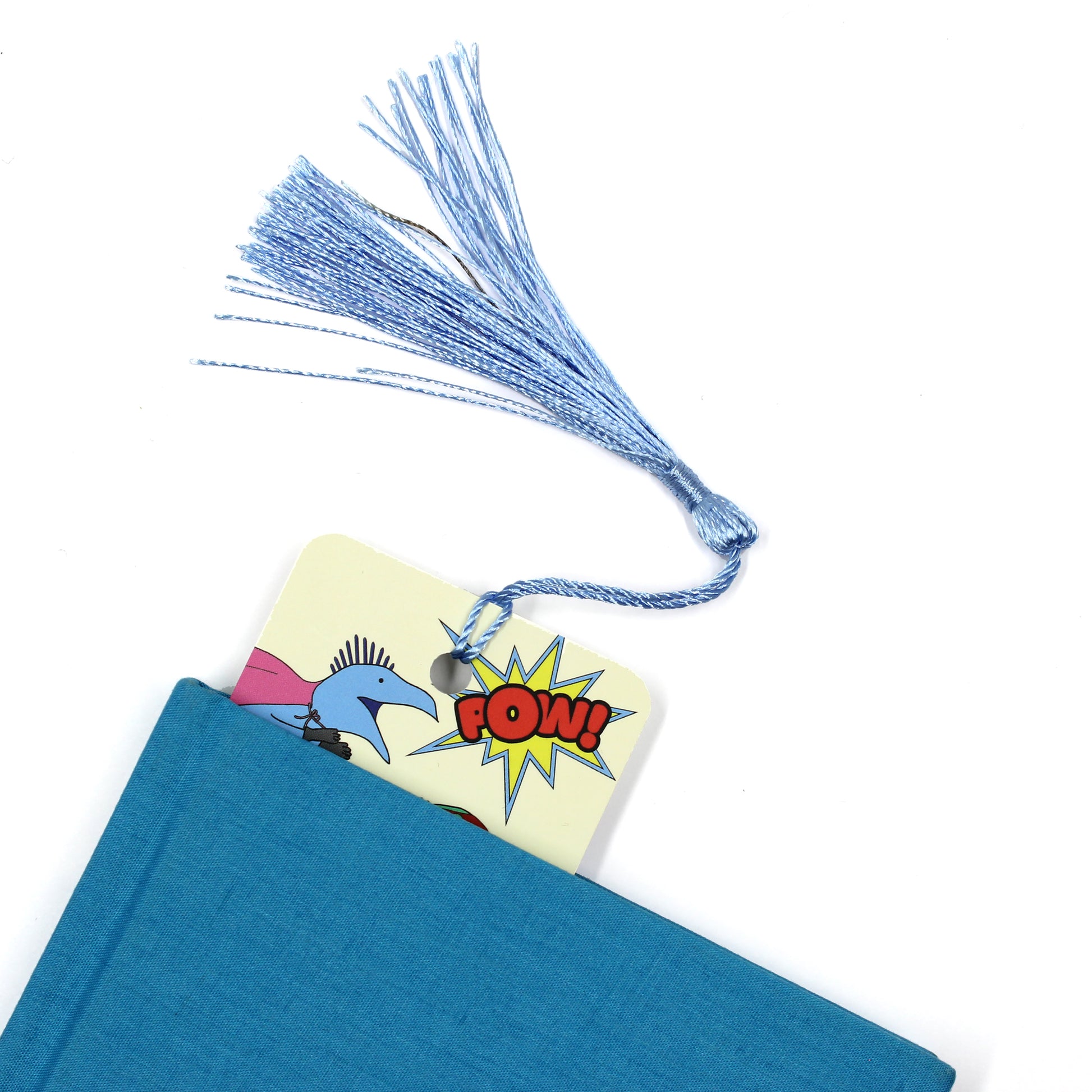superhero dinosaur bookmark with blue tassel coming out of a blue book