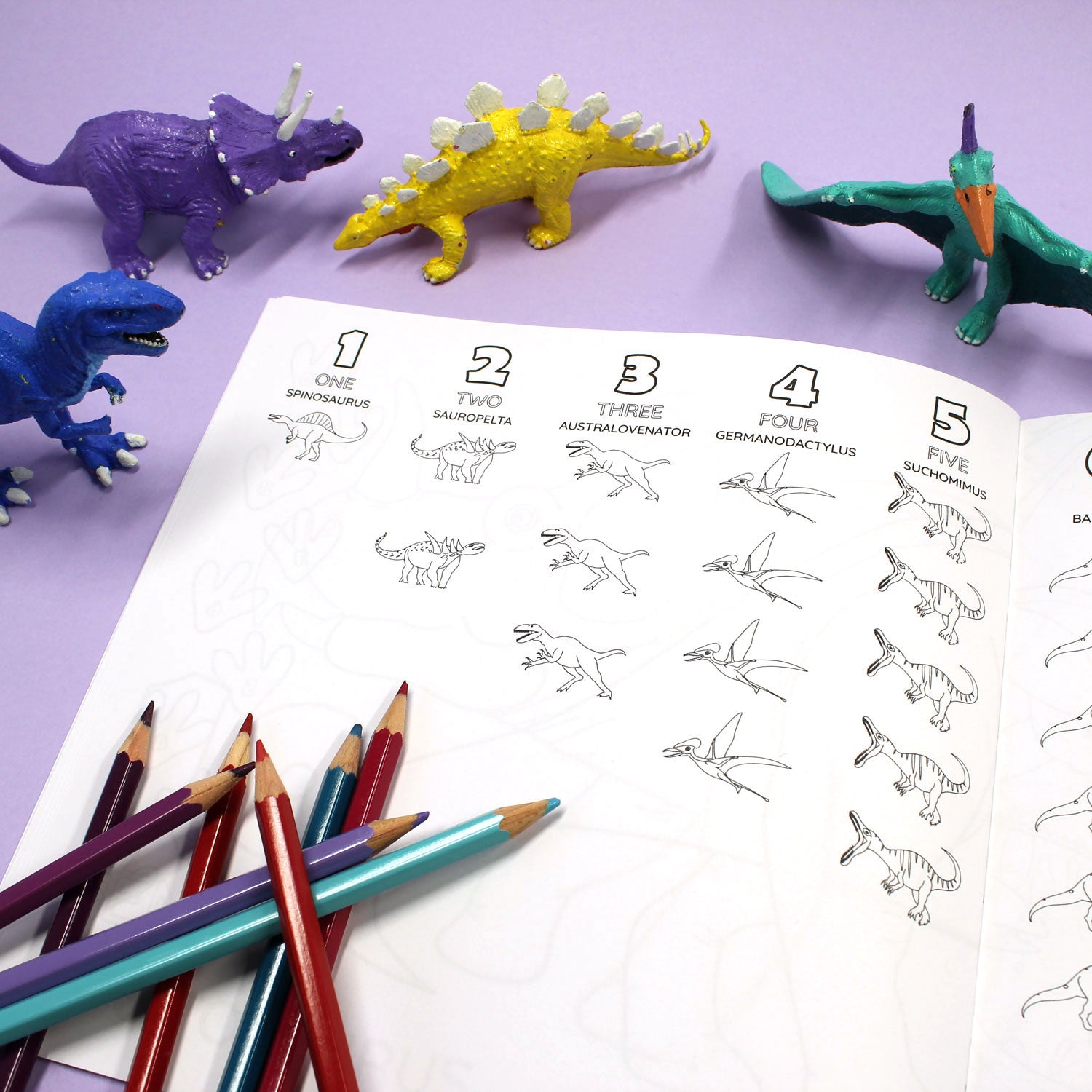 Inside page of 1234 Dinosaur colouring book featuring black line drawings of dinosaurs in columns with the numbers 1, 2 3, 4, 5 at the top of each. The number of dinosaurs in each column reflects the number at the top.
