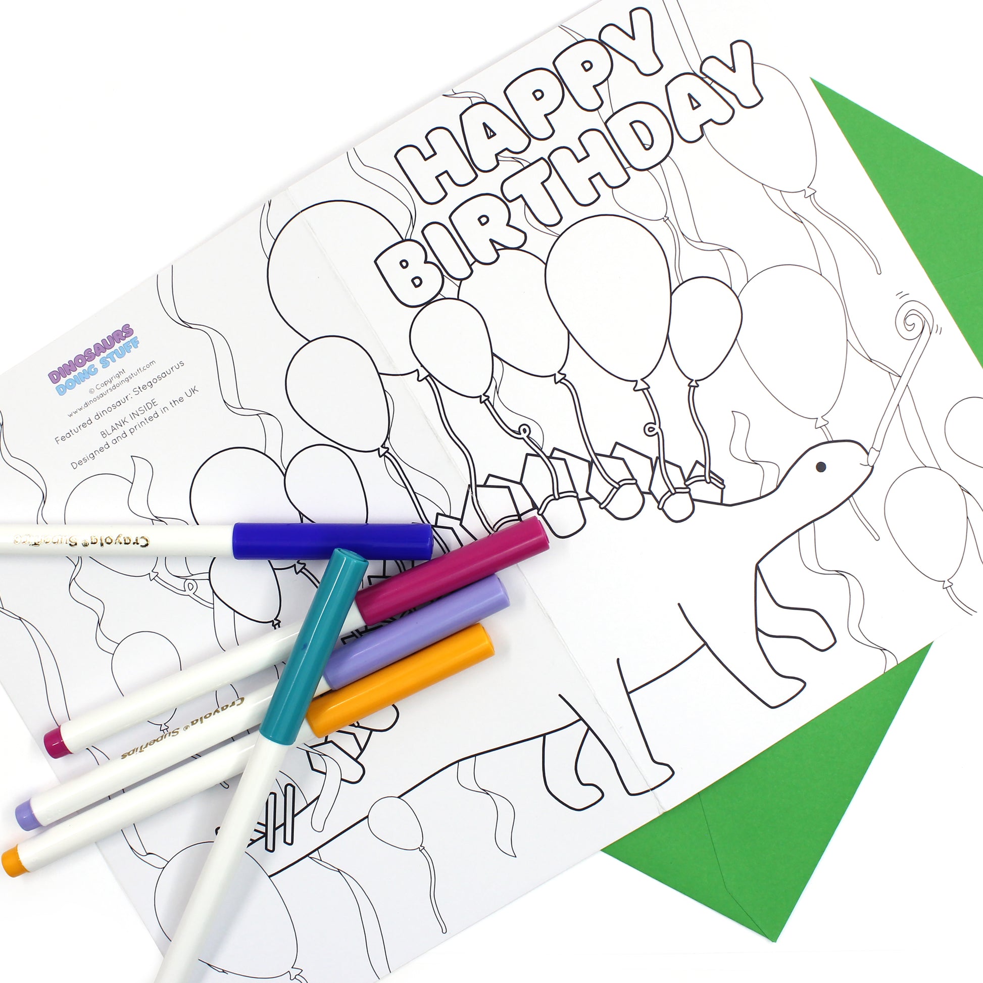 stegosaurus party colouring in greeting card