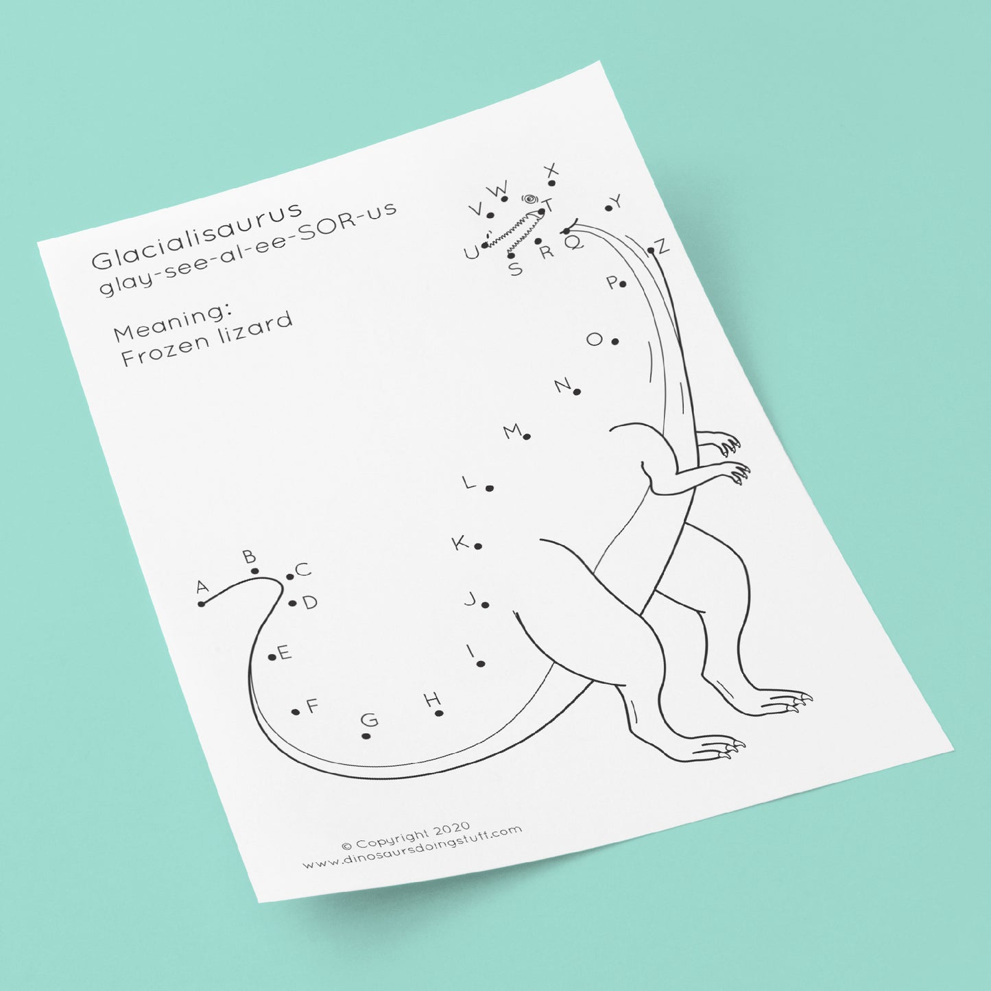 Dot-to-dot Glacialisaurus dinosaur colouring sheet