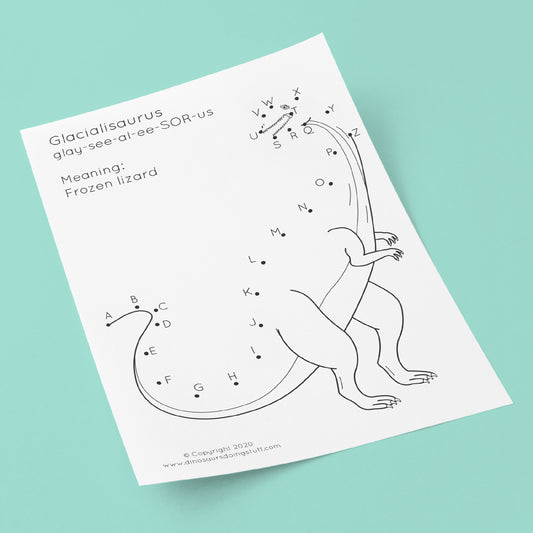 Dot-to-dot Glacialisaurus dinosaur colouring sheet