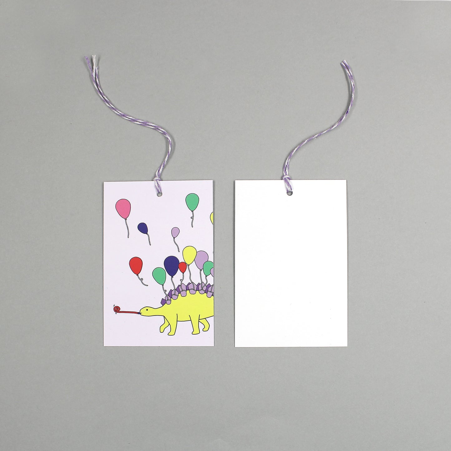 flat lay showing the front and back of the dinosaur stegosaurus party animal gift tag on a grey background