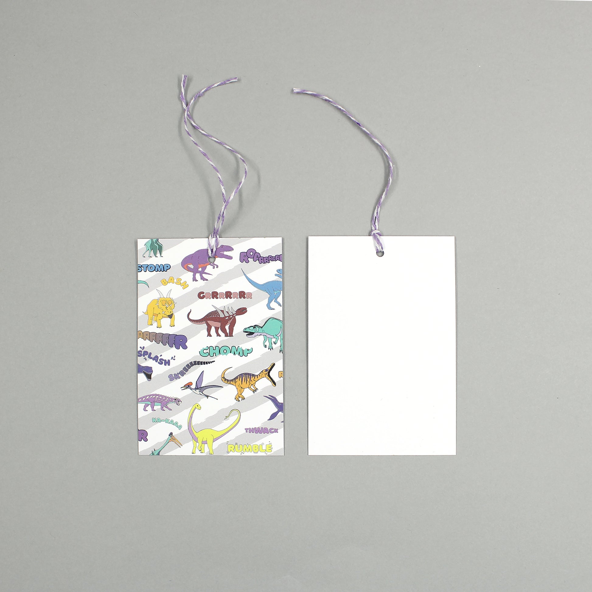 flat lay showing the front and back of the dinosaur words gift tag on a grey background