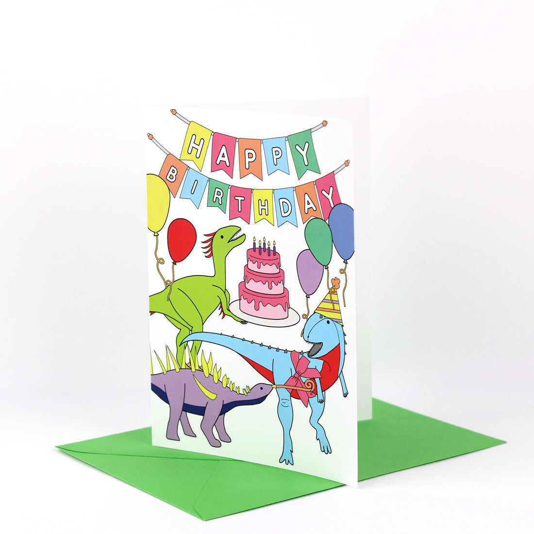 Happy birthday dinosaur card with green envelope