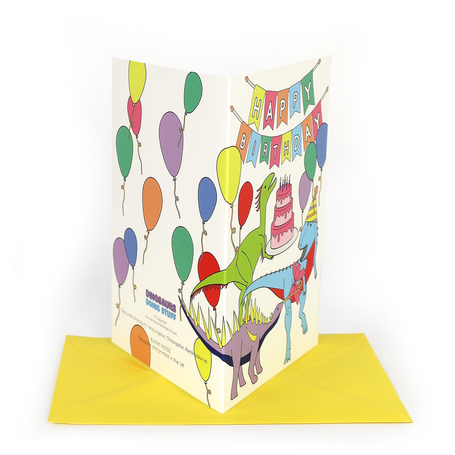 Happy birthday dinosaur card with yellow envelope