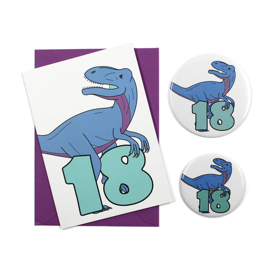 Number 18 Dinosaur Greeting card and badges