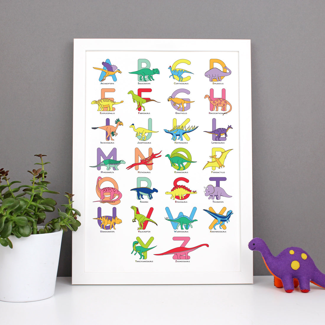 Large Letter Dinosaur Alphabet Poster Print in a white frame