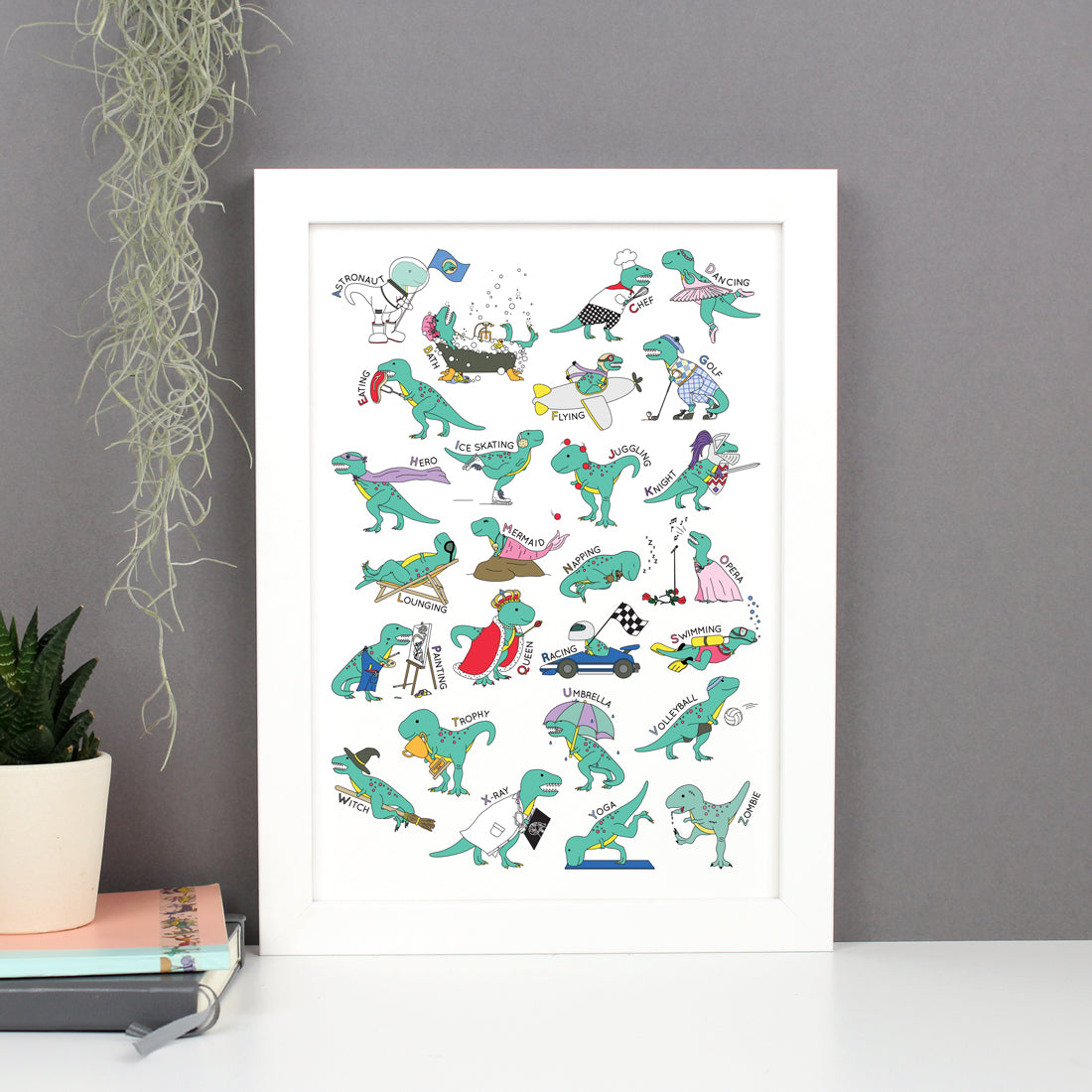 T-Rex Doing Stuff Alphabet Poster Print in a white frame
