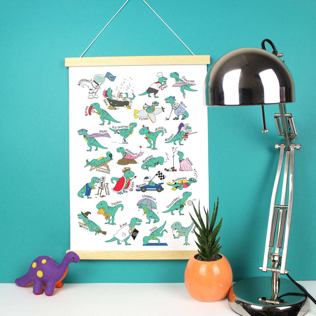 T-Rex Doing Stuff Alphabet Poster Print in a wooden strip frame