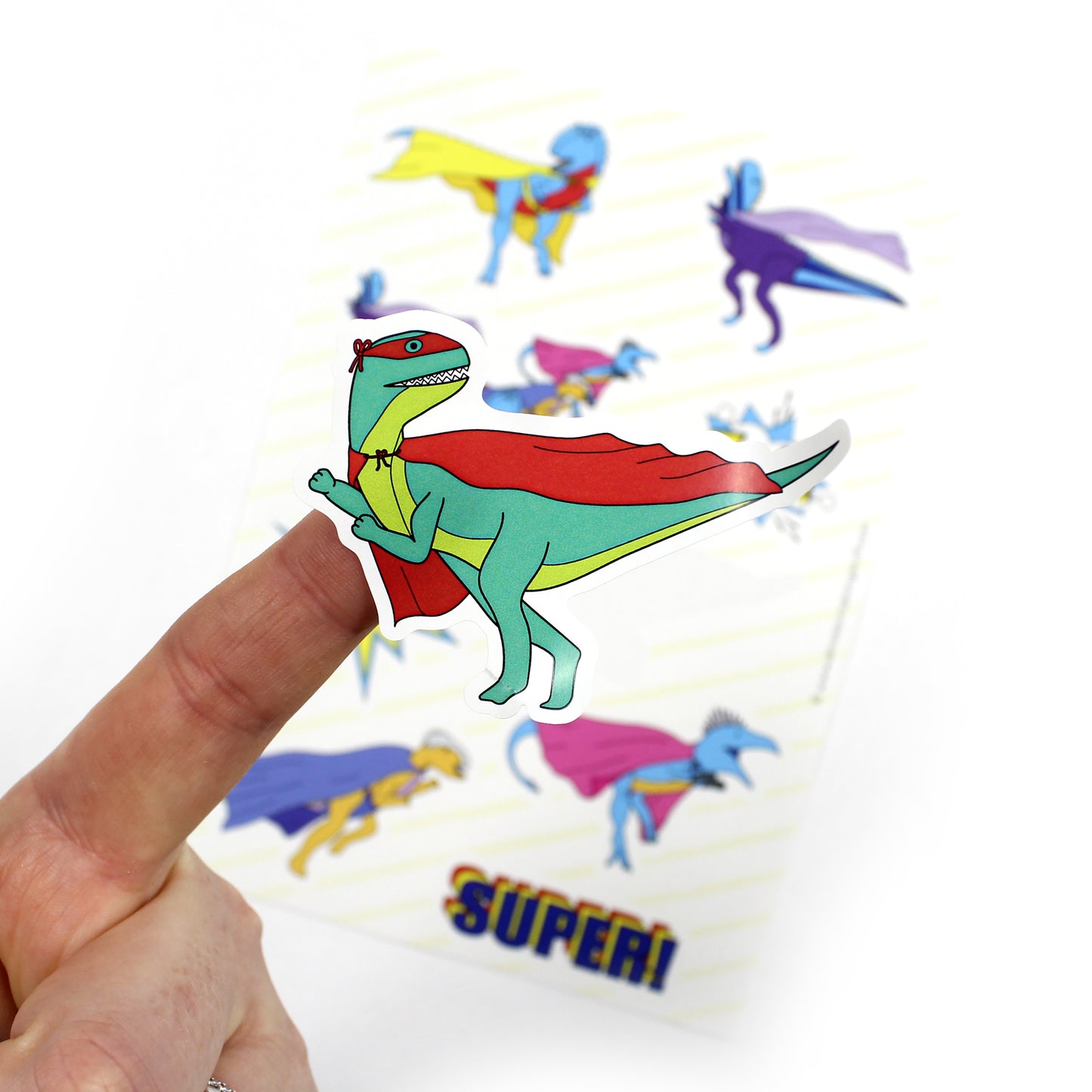 dinosaur superhero sticker sheet close up