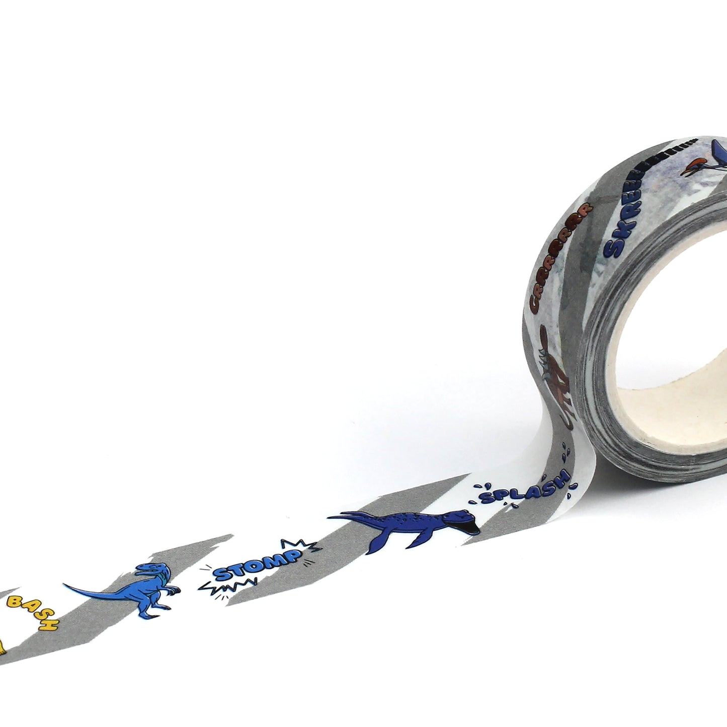 A roll of dinosaur words washi tape rolled out