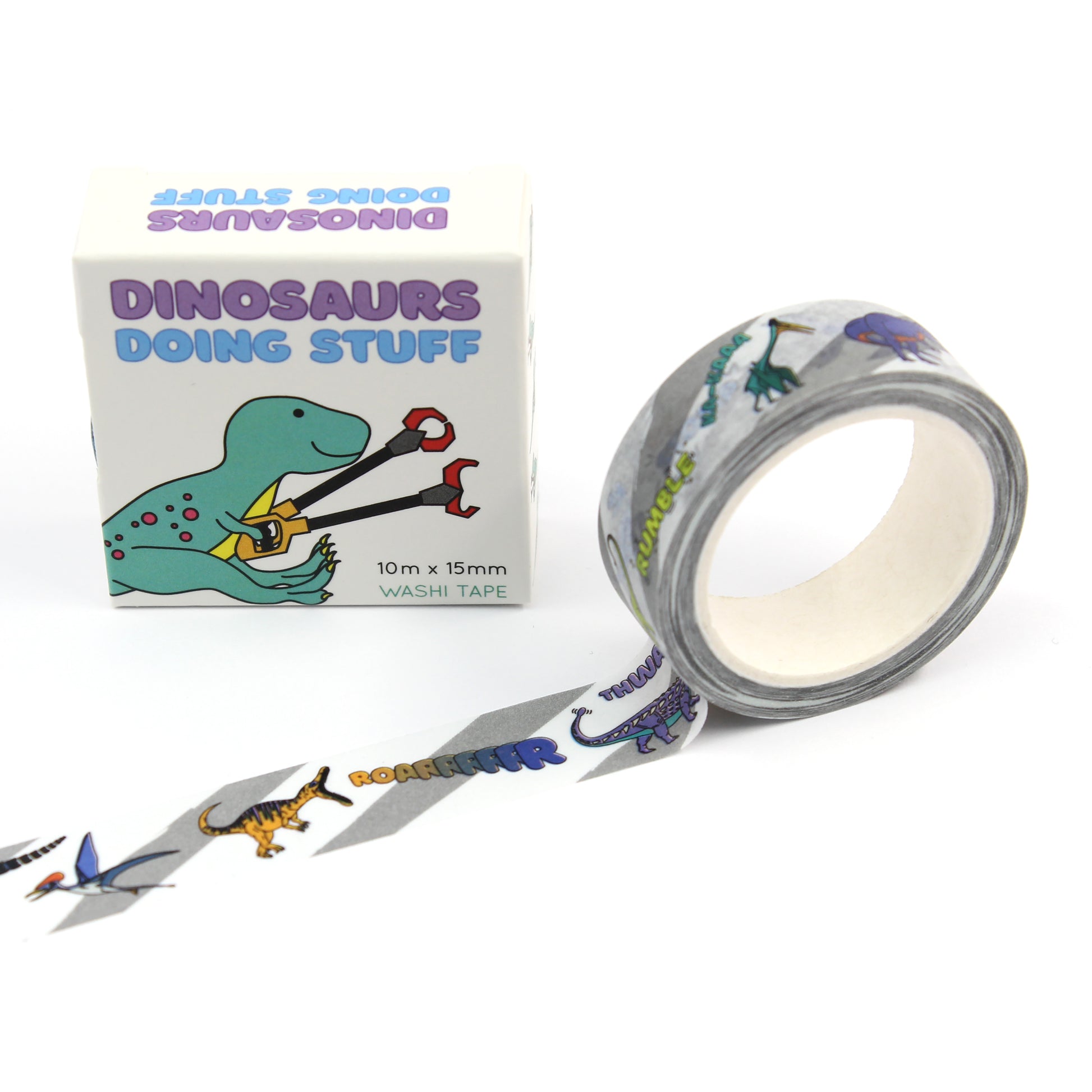 A roll of dinosaur words washi tape with a box of tape behind it