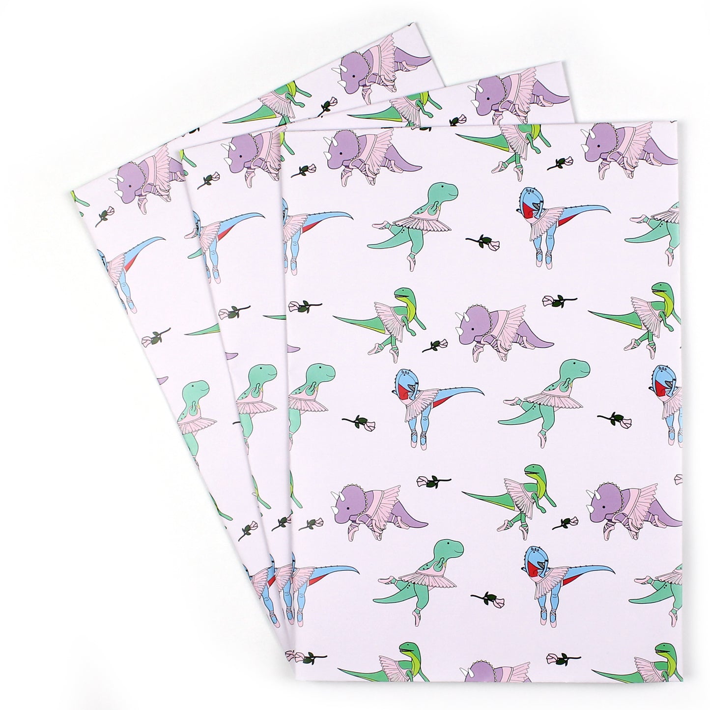 3 sheets of ballet dinosaur wrapping paper fanned out