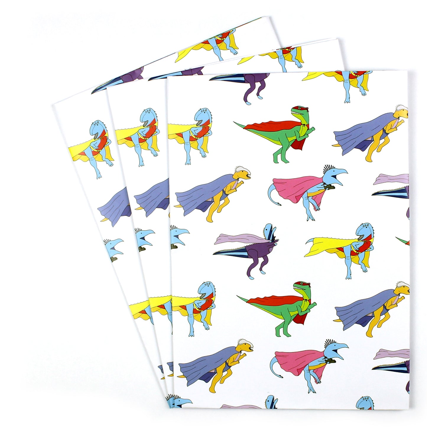 3 sheets of superhero wrapping paper fanned out