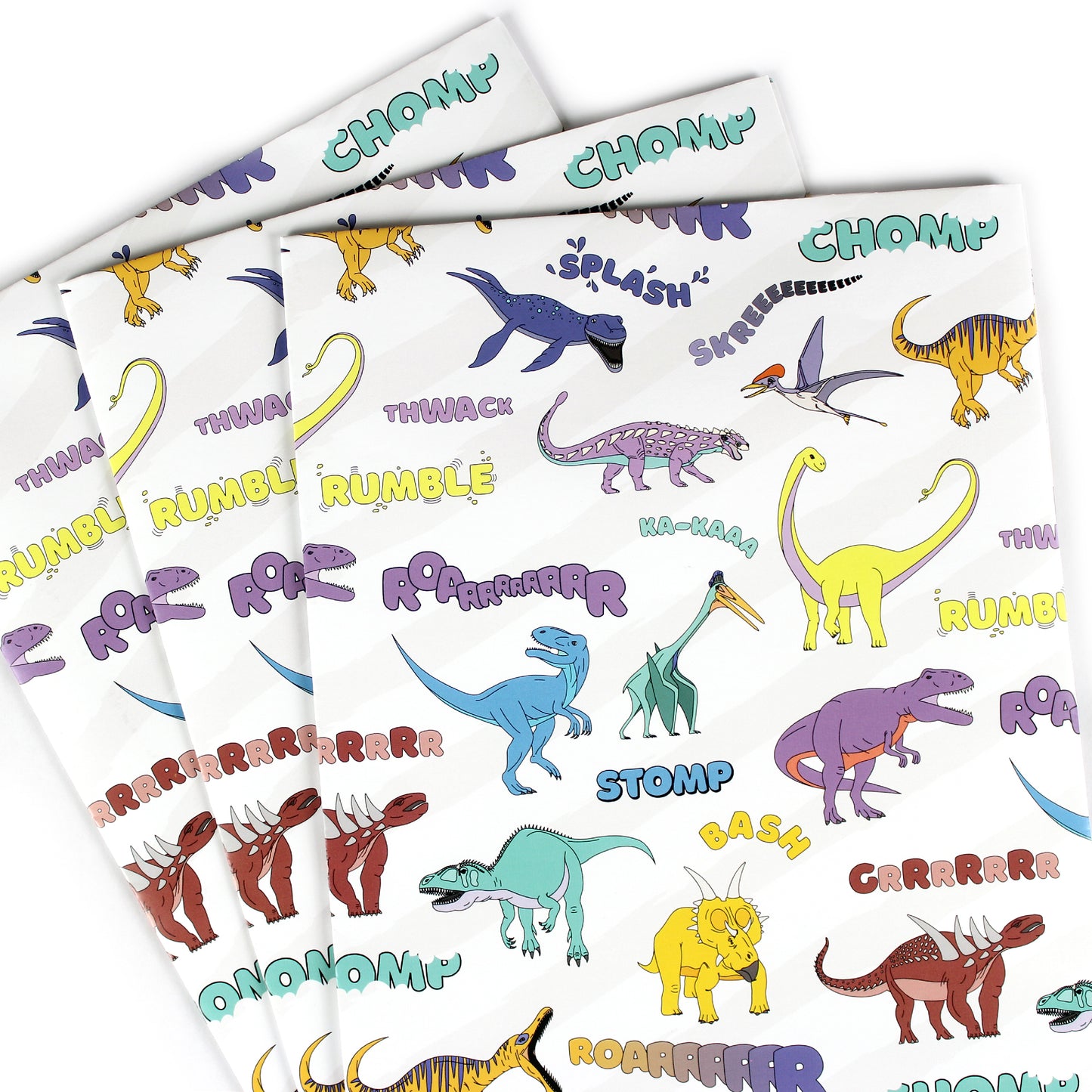 3 sheets of dinosaur words wrapping paper fanned out