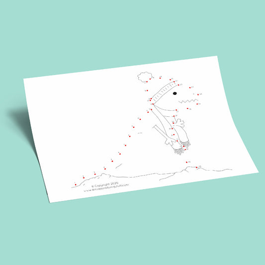 dot-to-dot Snow-Rex dinosaur colouring sheet