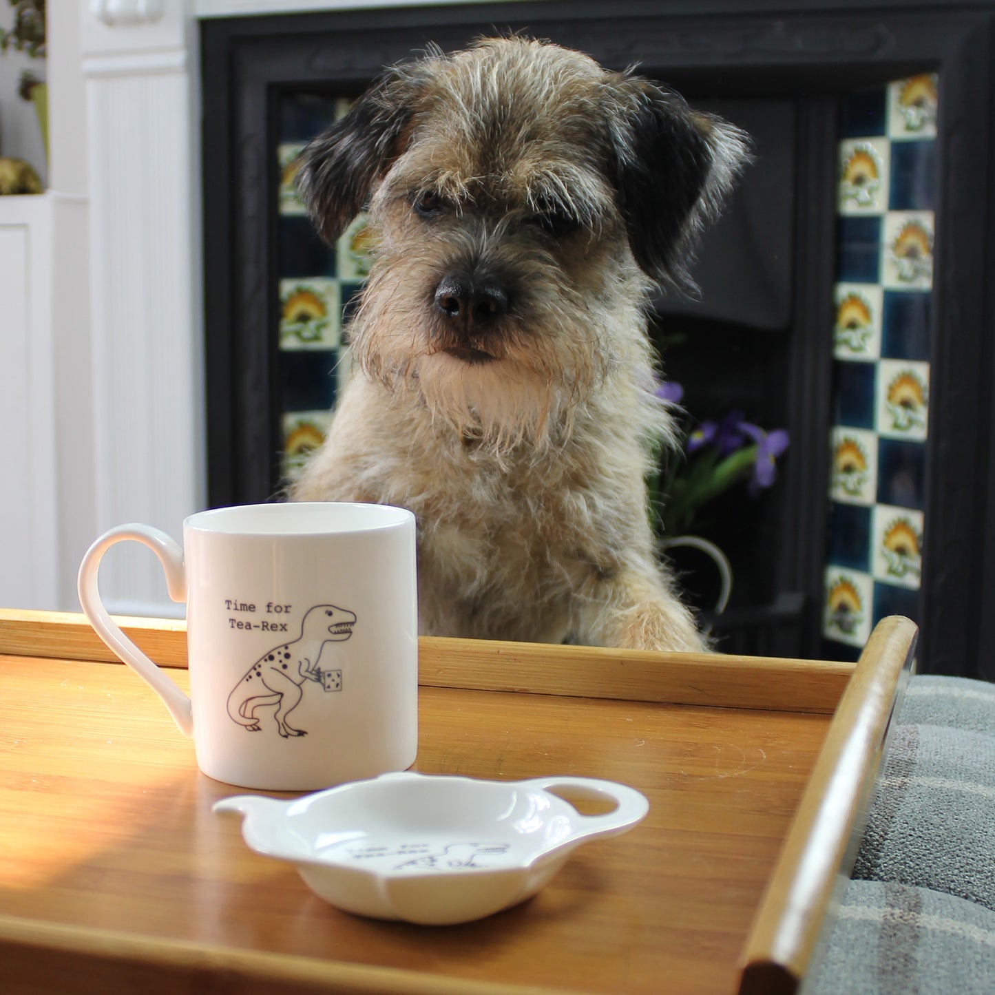 Time for Tea-Rex Mug on a wooden tray with a teabag tidy. There is a border terrier looking at the mug and a fireplace in the background