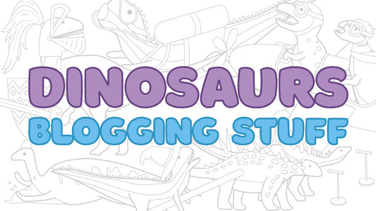 The text 'Dinosuars blogging stuff' on grey dinosaur line art