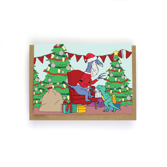 Visiting Santa Dinosaur Christmas Greeting Card