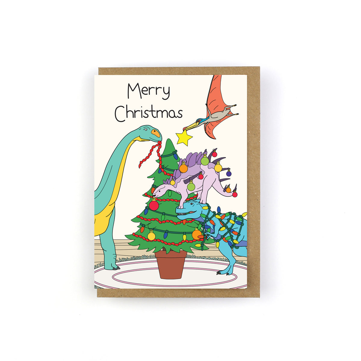 Decorating the Tree Dinosaur Christmas Greeting Card