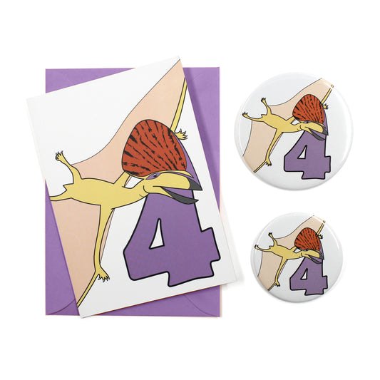 Number 04 Dinosaur Greeting Card and Badge