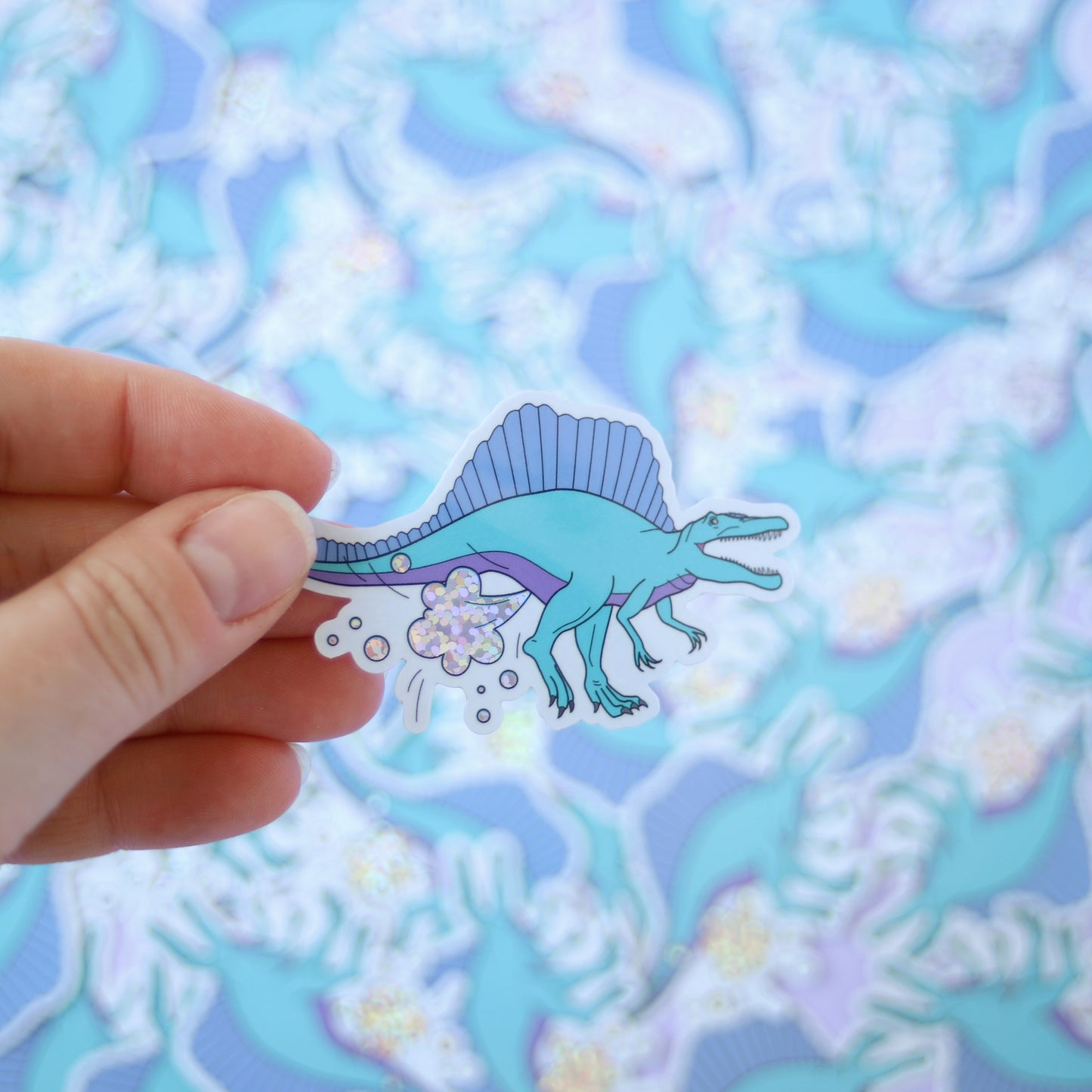 Blue Dinosaur Farting Glitter Vinyl Sticker