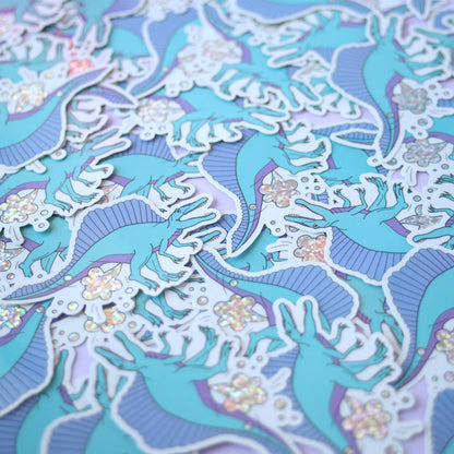 Blue Dinosaur Farting Glitter Vinyl Sticker
