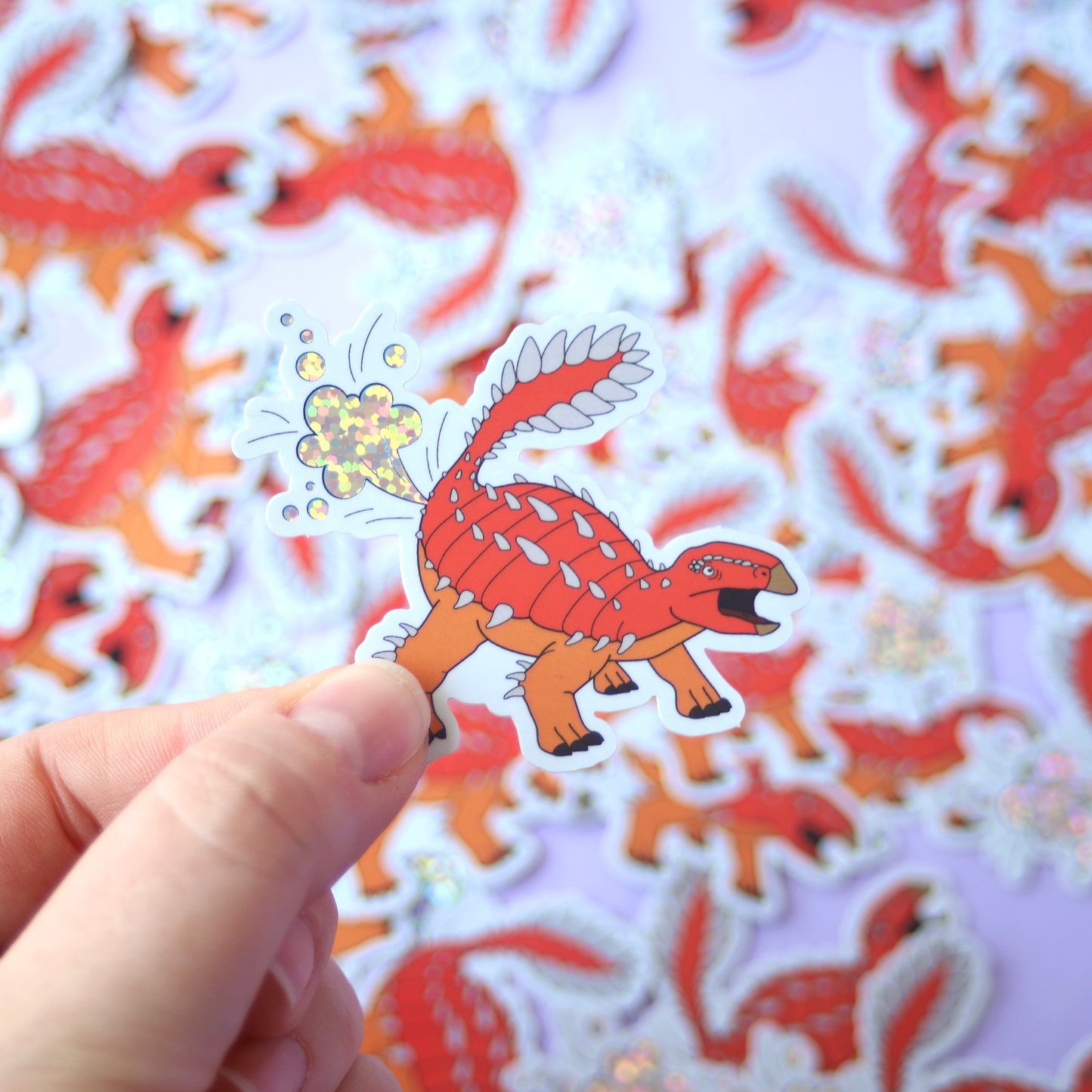 Orange Dinosaur Farting Glitter Vinyl Sticker
