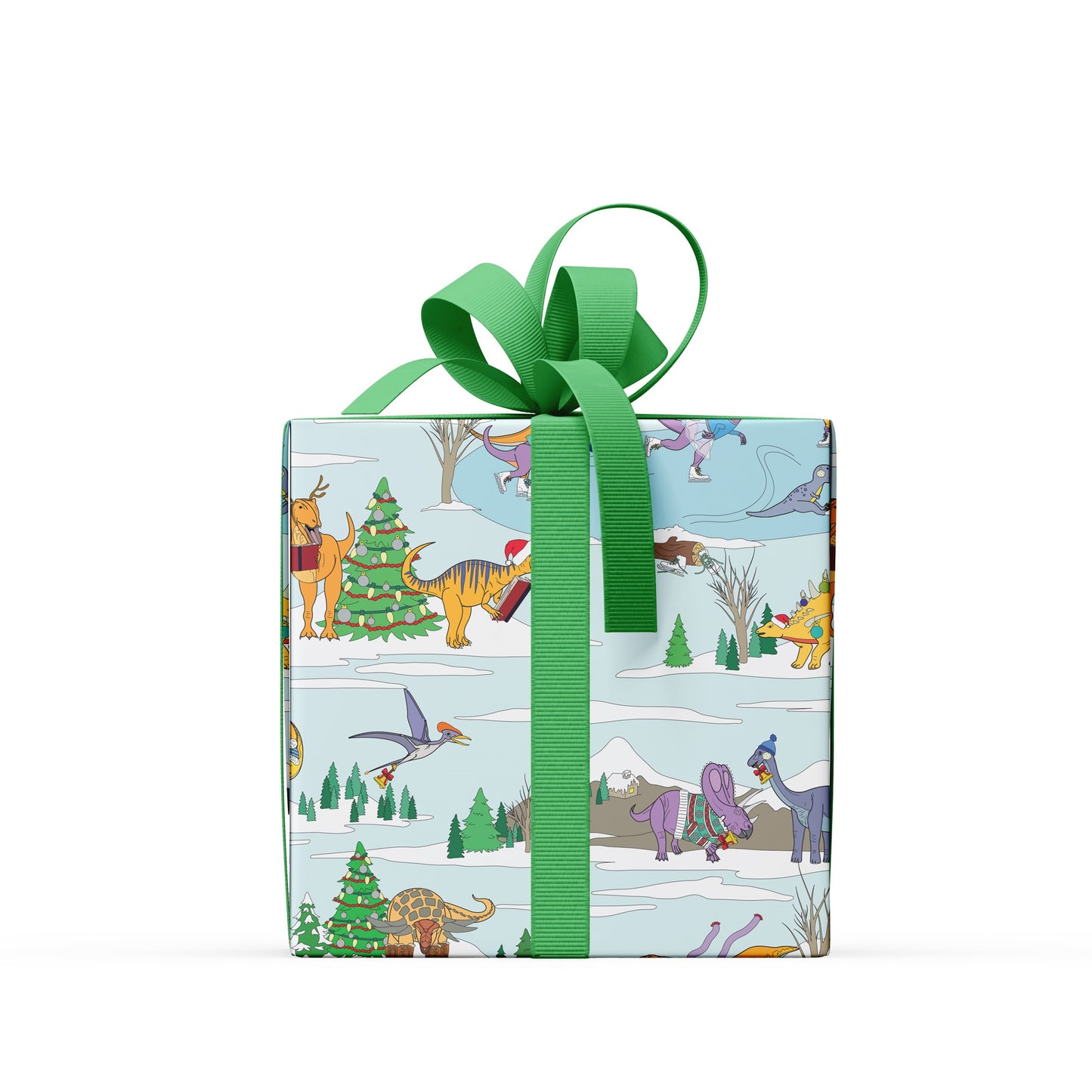 box wrapped in Christmas Winter Scene Dinosaur Wrapping Paper with a green ribbon