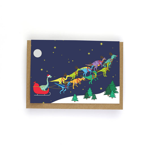 Santa's Sleigh Dinosaurs Christmas Greeting Card