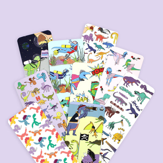 dinosaur bookmarks fanned out on a purple background